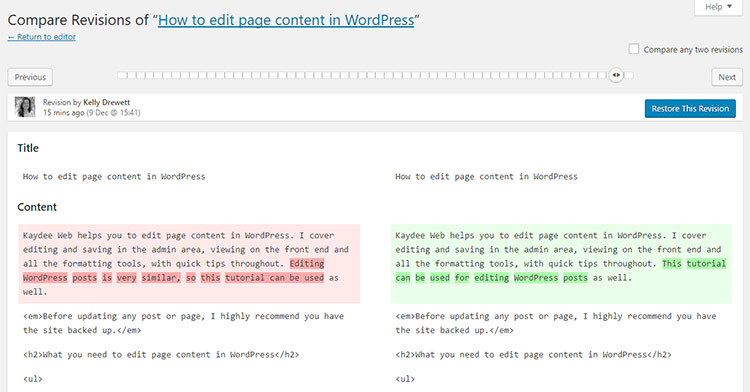 Compare revisions in WordPress