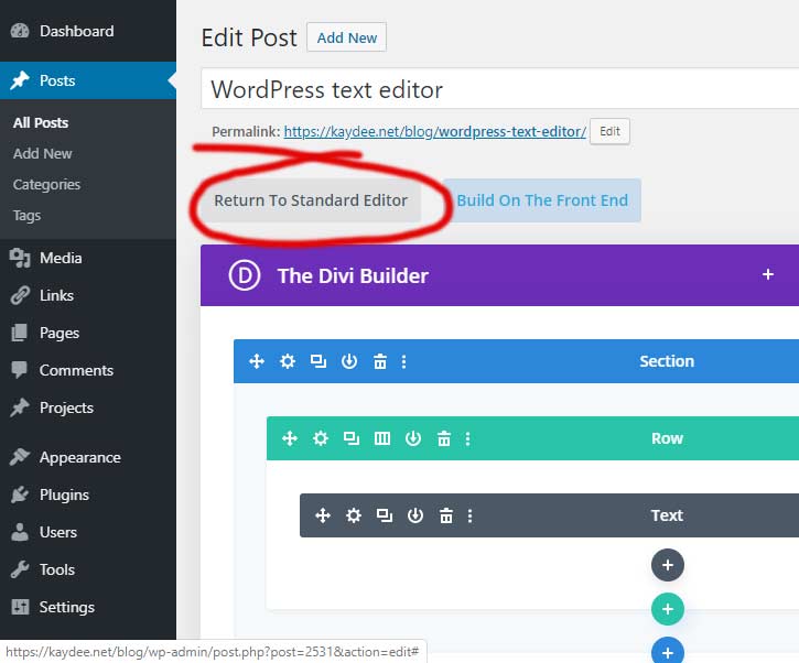 Return to standard editor from Divi Builder