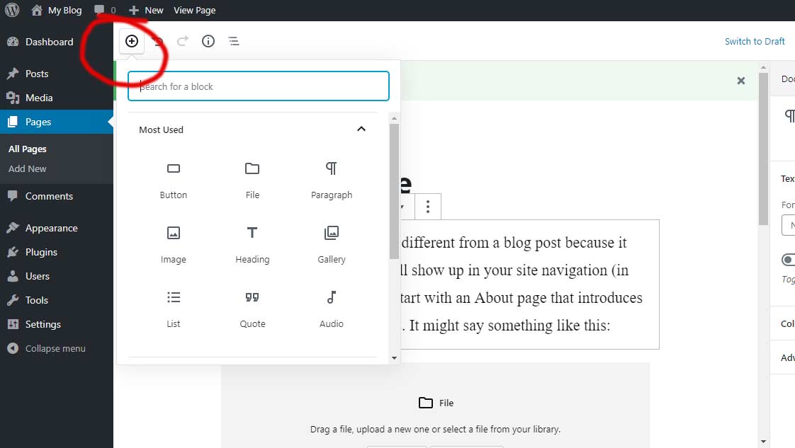 WordPress block editor - add a block