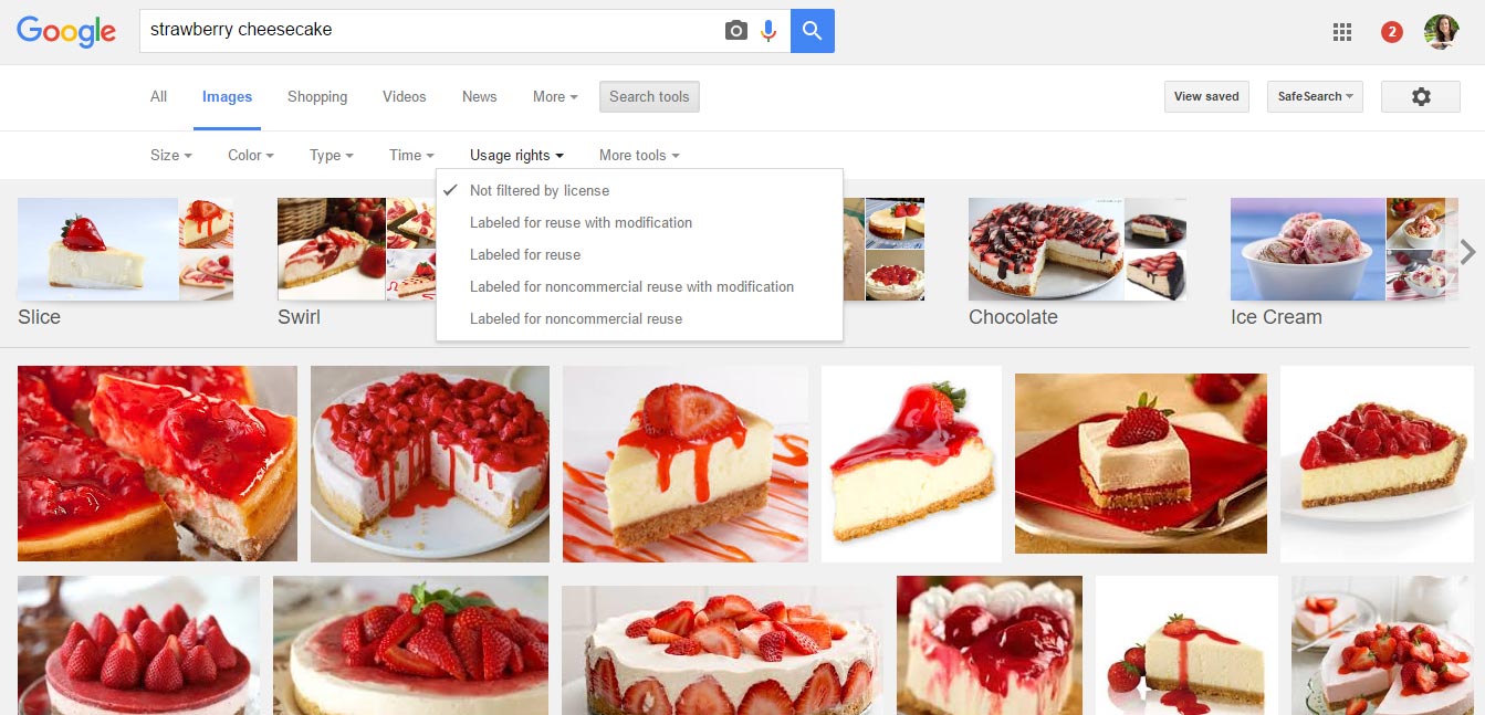 Google image search, märkt för återanvändning markerad