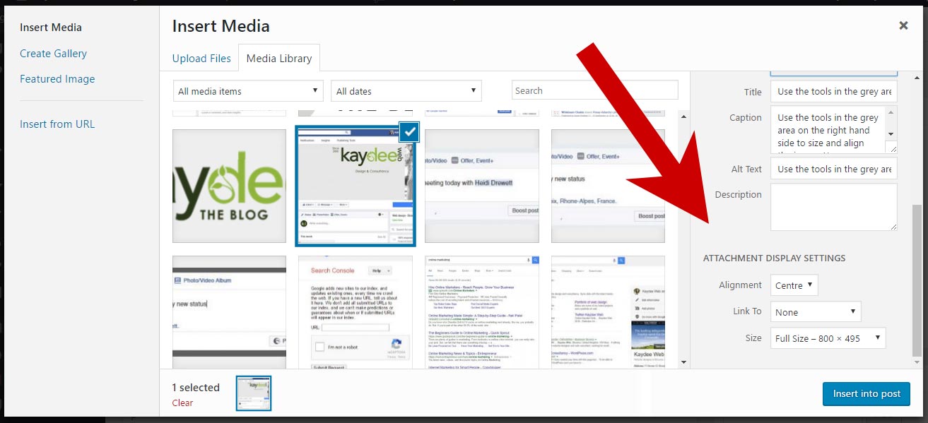 WordPress images properties in the grey area on the right hand side