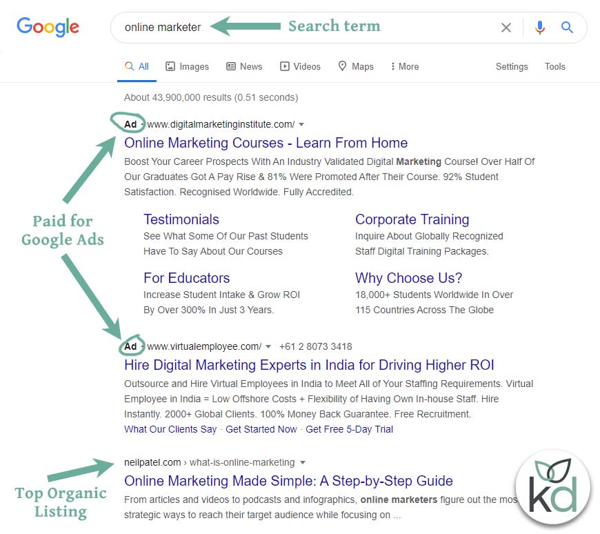 A search engine organic listing on Google