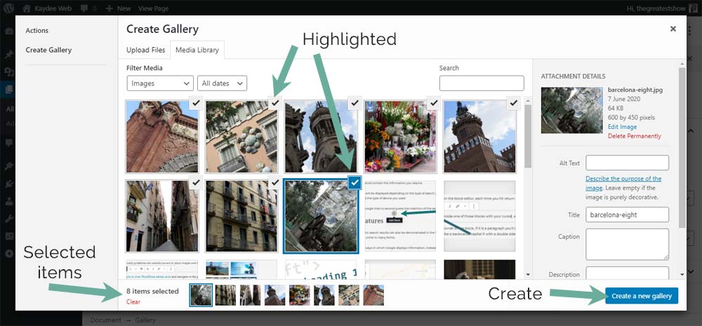 WordPress gallery - highlight and select images then create gallery.