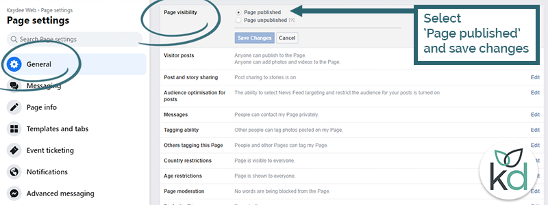 Facebook page visibility and restrictions for creditable business