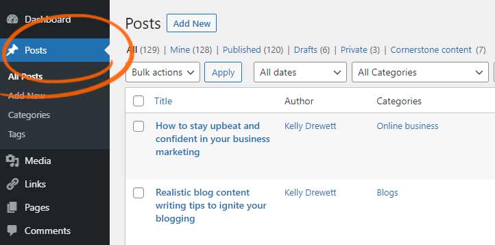 Choose POSTS from the left-hand menu within WordPress