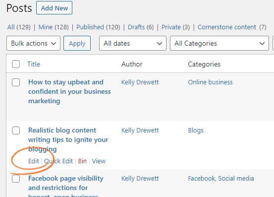 Click EDIT to edit a published WordPress post