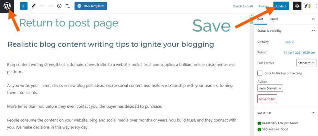 Save and update the WordPress published post