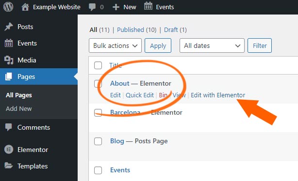 WordPress pages marked as Elementor are editable with the Elementor text editor