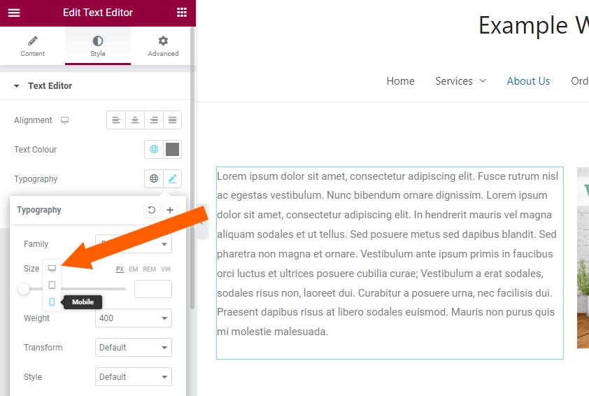 Elementor editor font size on desktop, tablet and mobile devices