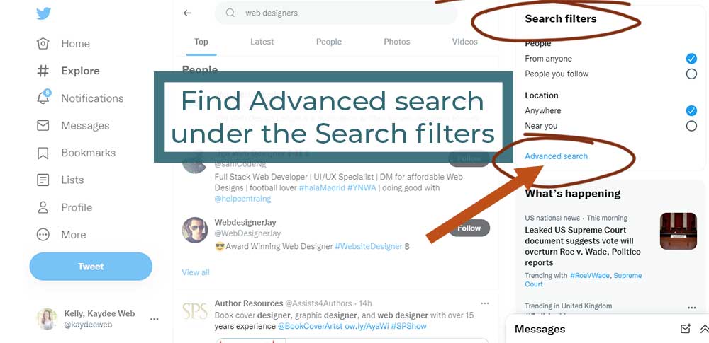 Find Advanced search under the Search filters on Twitter