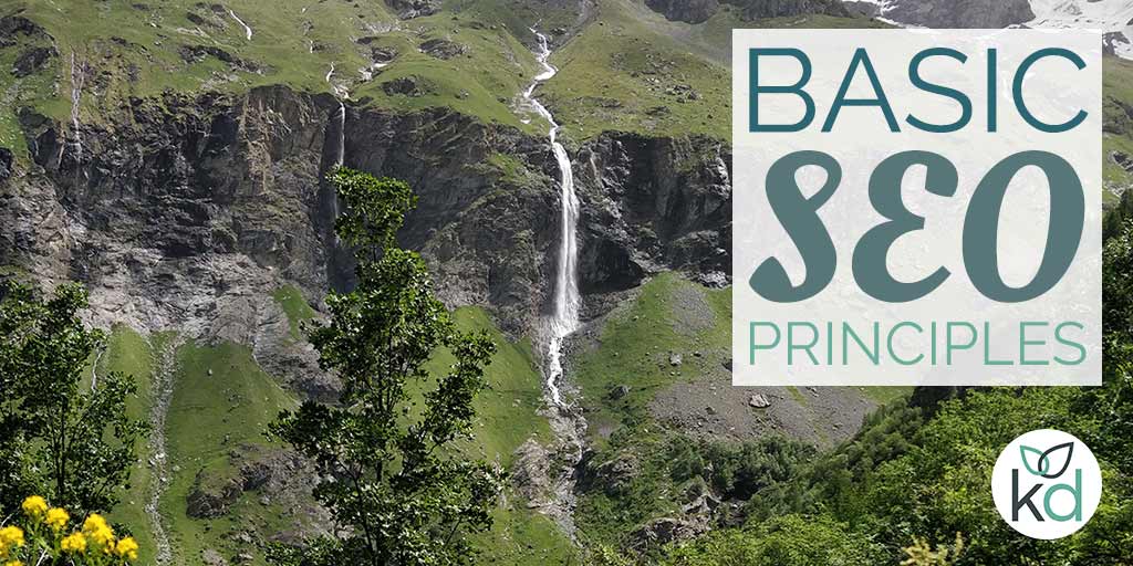 Basic SEO principles, waterfall and mountains in the background