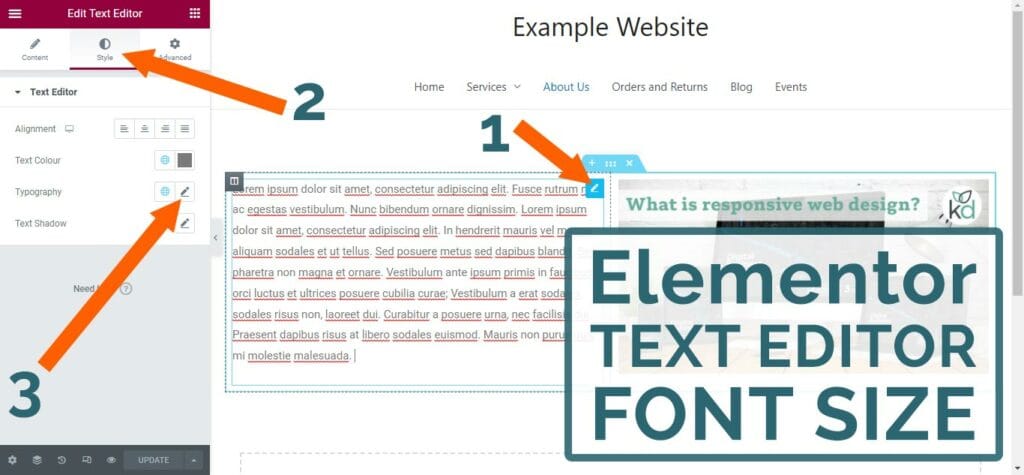 Elementor Text Editor, Change Font Size